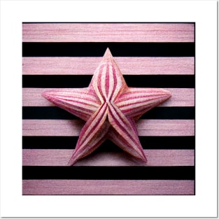 Pink and Black striped background with pretty pink striped starfish. Posters and Art